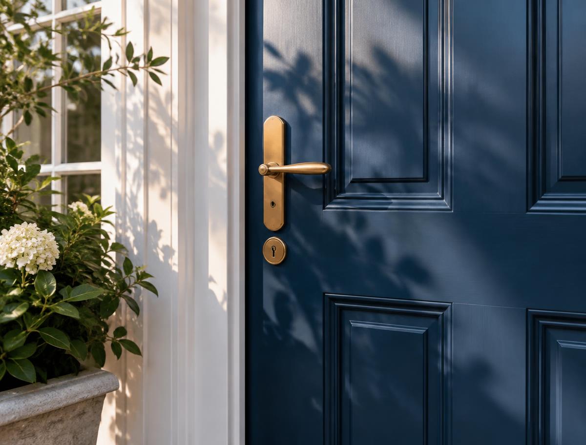 Porte d’entrée bleue équipée d’une serrure et d’une poignée en laiton
